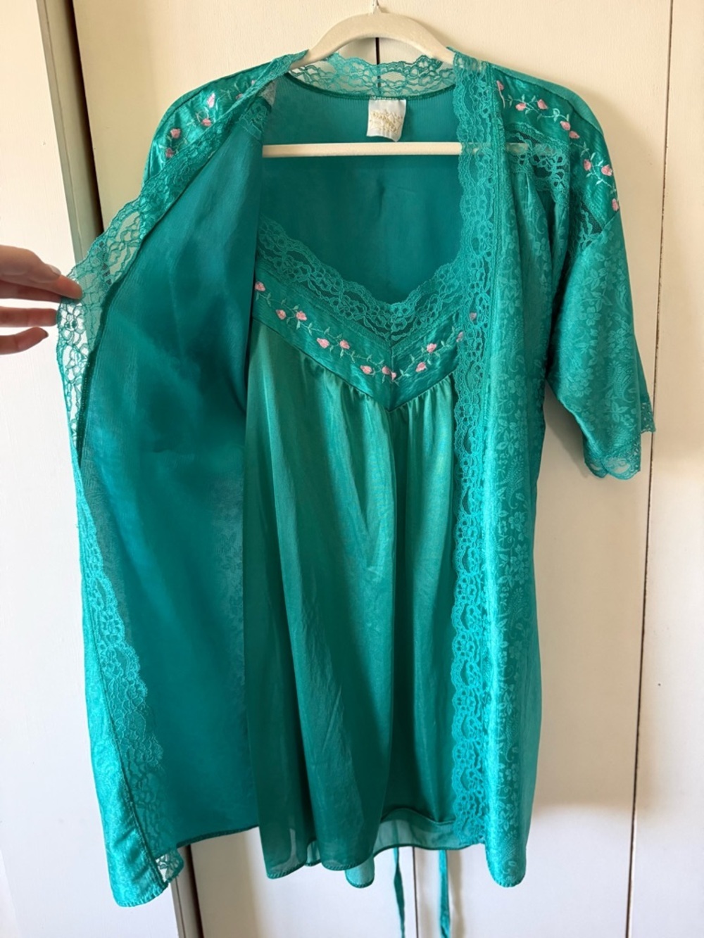 Vintage 70s Stardust Fairycore Emerald Green Teal Chemise Peignoir Set Florets L - Picture 9 of 16
